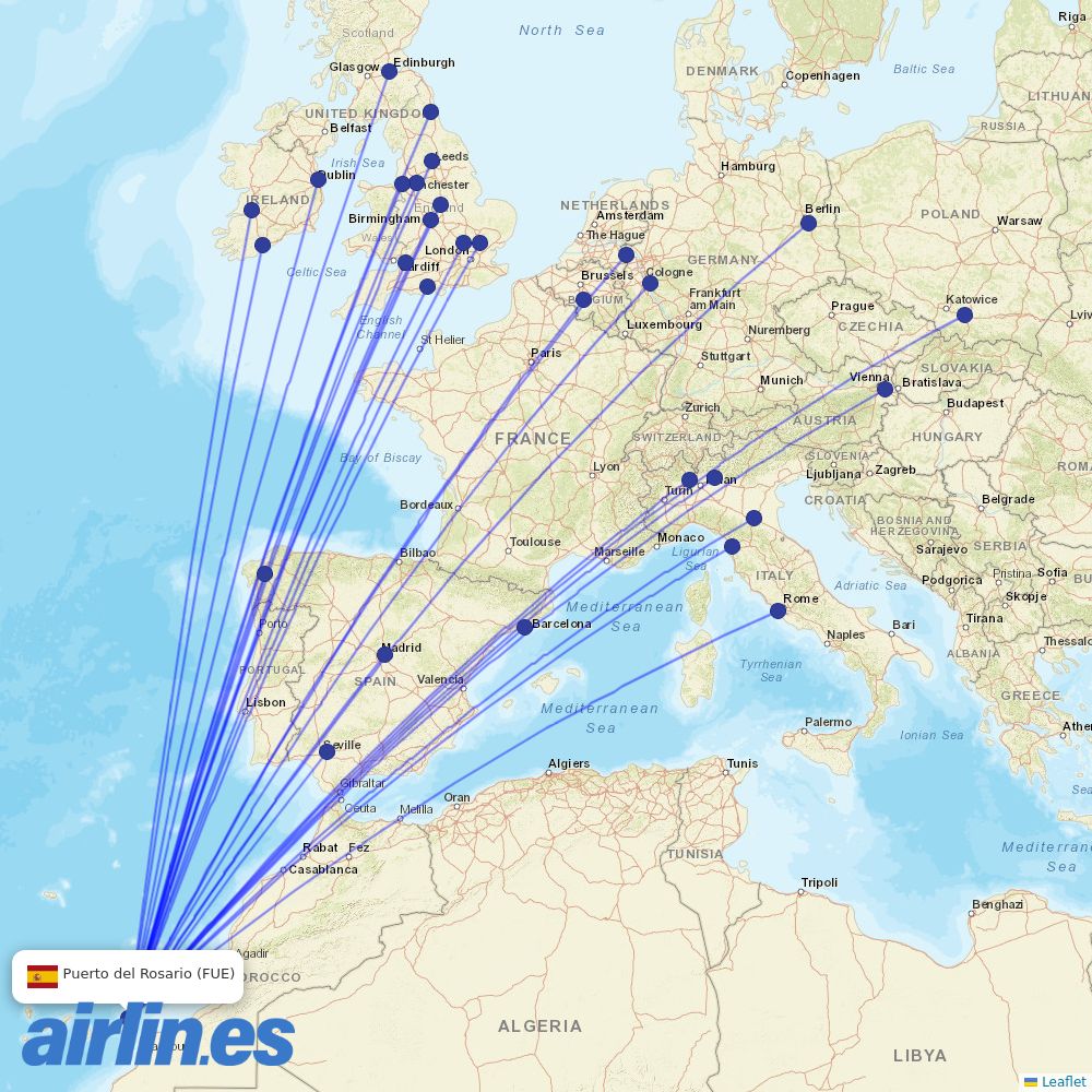 Ryanair from Fuerteventura Airport destination map