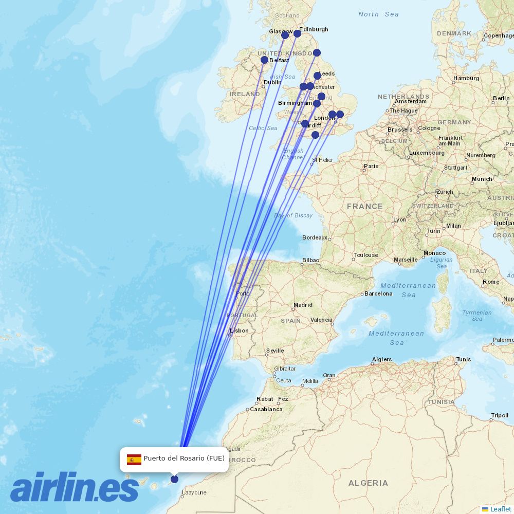Jet2 from Fuerteventura Airport destination map