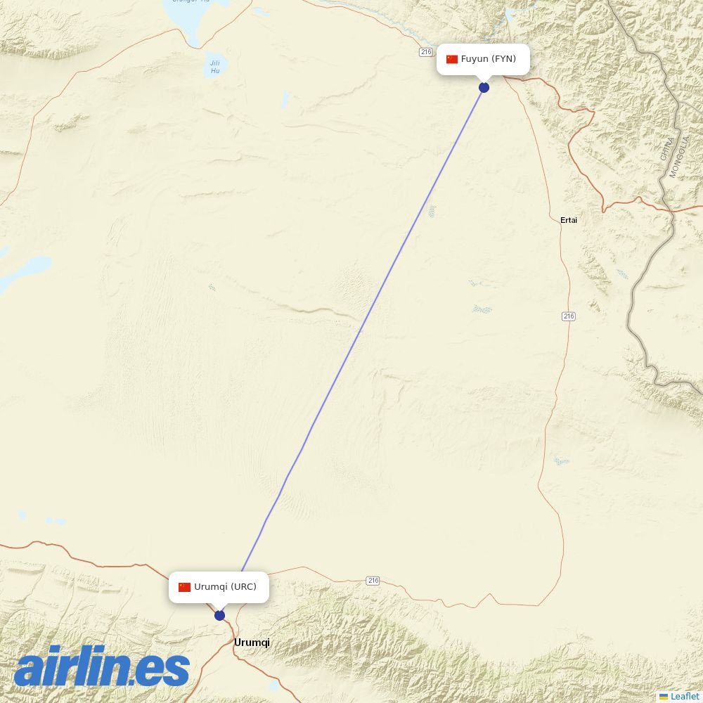 China Southern Airlines from Fuyun Koktokay Airport destination map