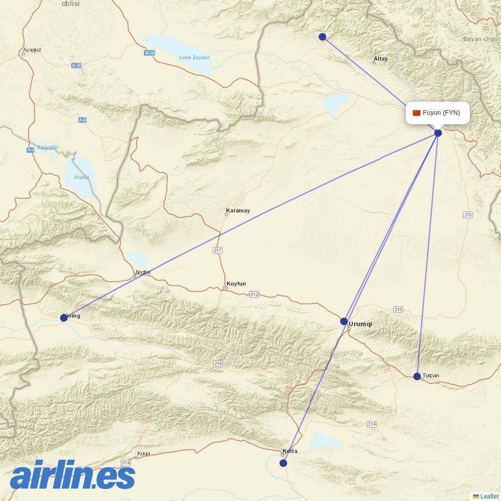 Chengdu Airlines from Fuyun Koktokay Airport destination map