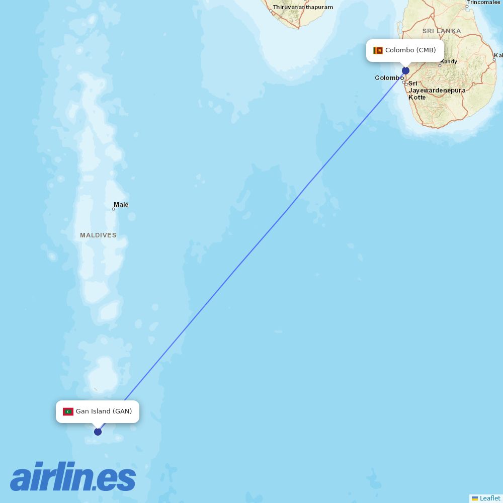 SriLankan Airlines from Gan Island destination map