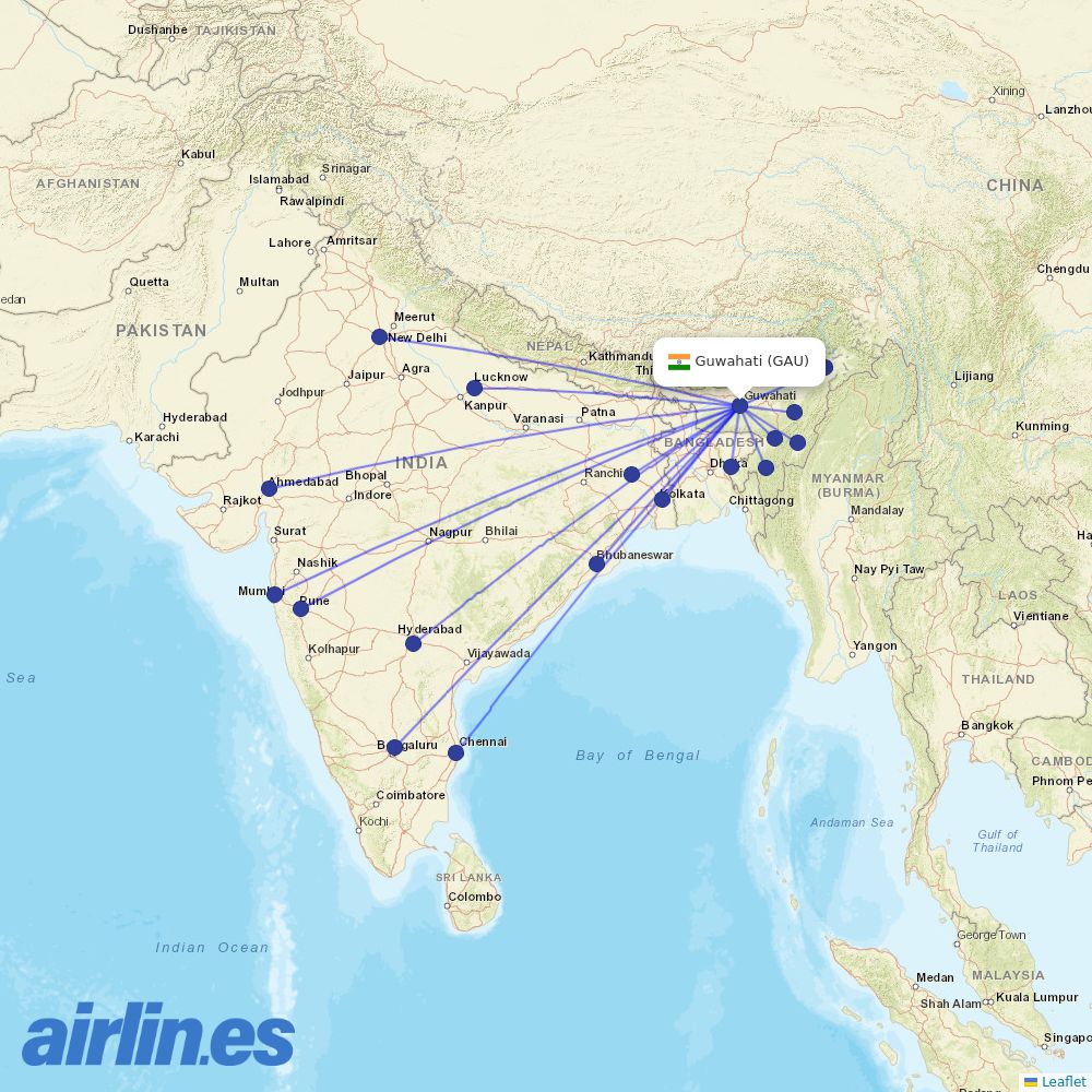 IndiGo from Lokpriya Gopinath Bordoloi International Airport destination map