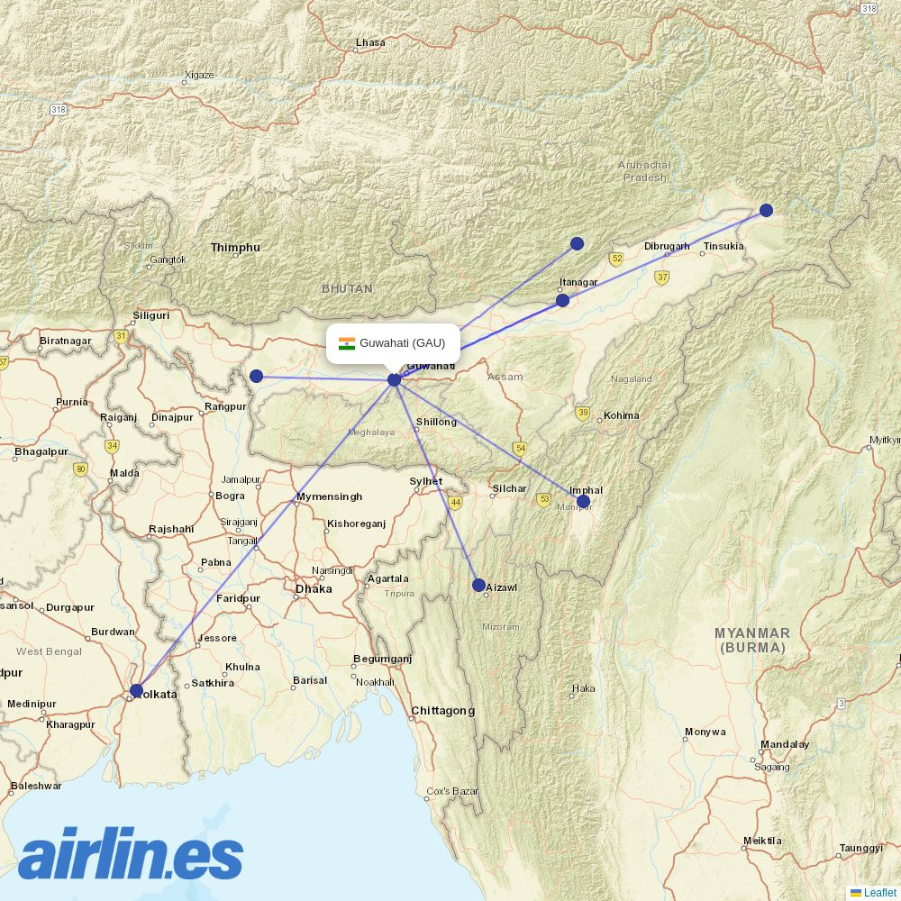 Alliance Air from Lokpriya Gopinath Bordoloi International Airport destination map