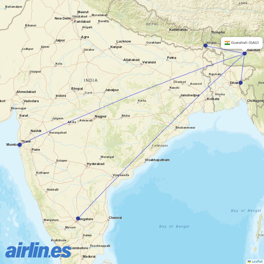 Akasa Air from Lokpriya Gopinath Bordoloi International Airport destination map