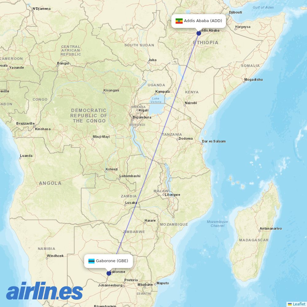 Ethiopian Airlines from Sir Seretse Khama International destination map