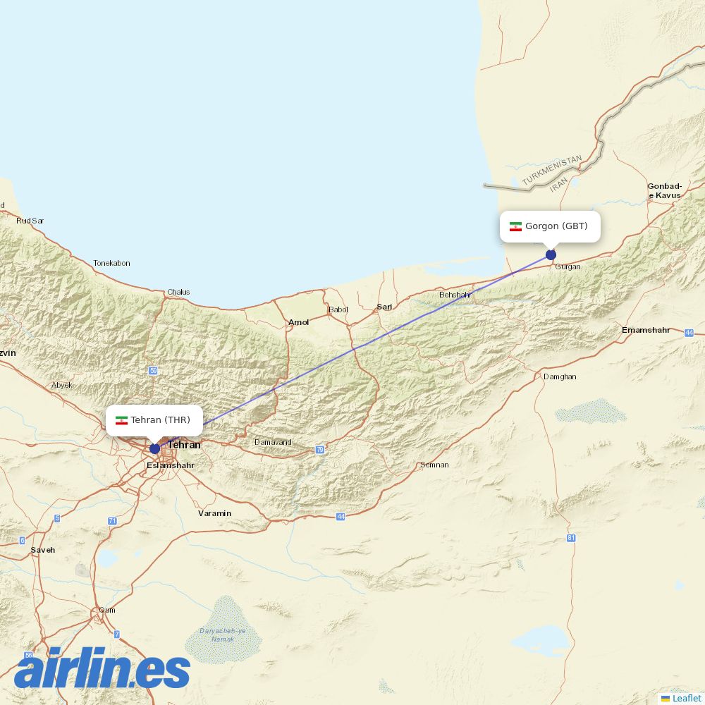 Iran Aseman Airlines from Gorgan Airport destination map