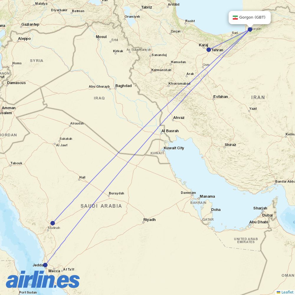 Iran Air from Gorgan Airport destination map