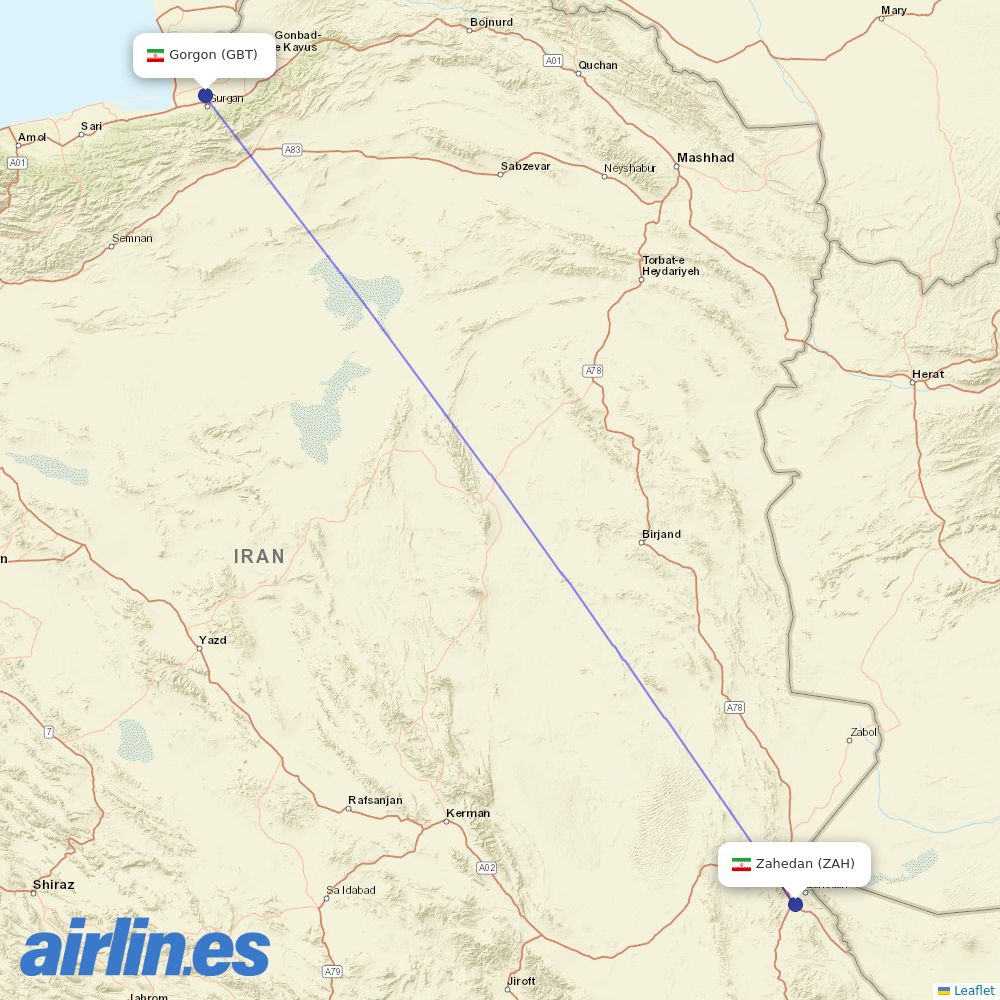 Qeshm Air from Gorgan Airport destination map