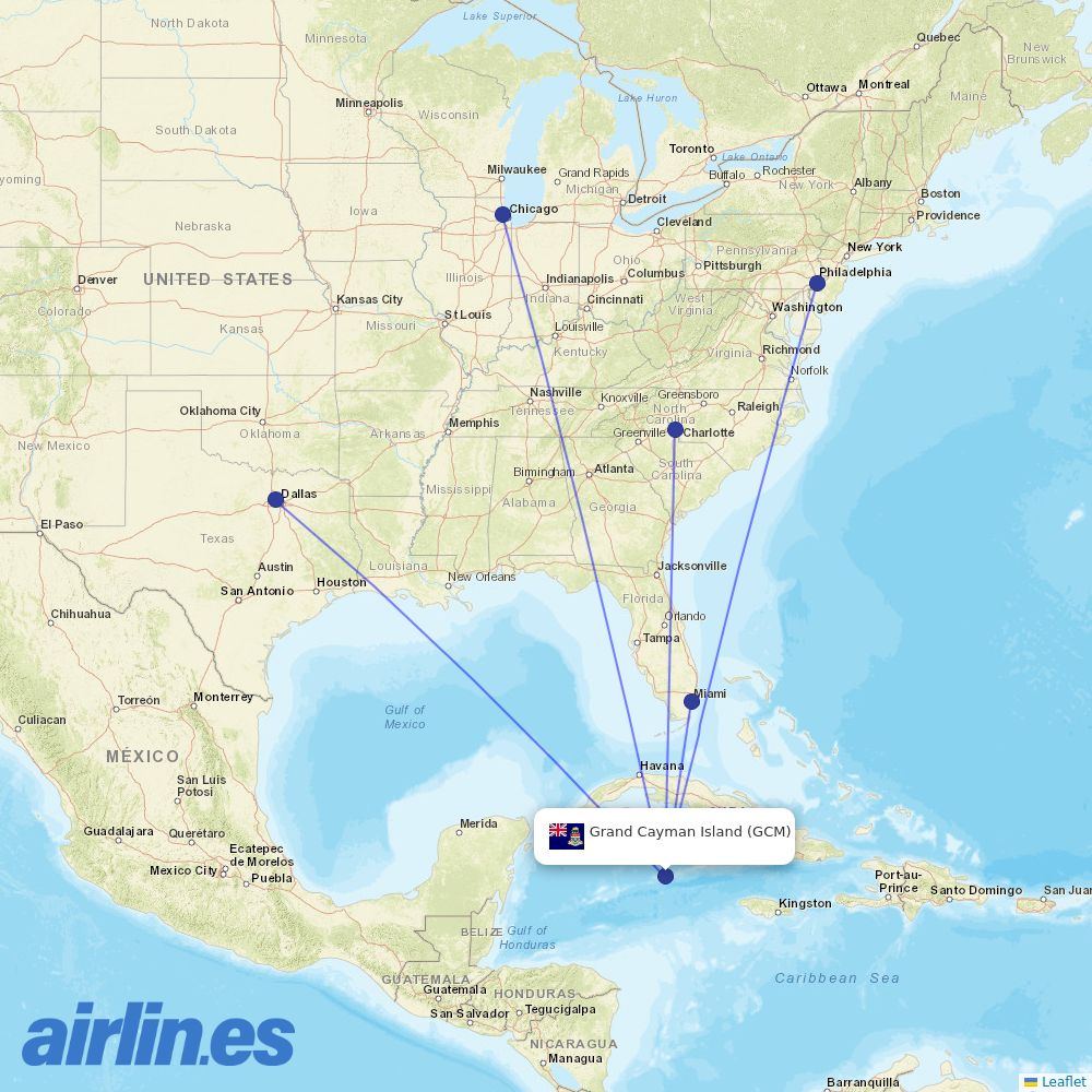 American Airlines from Grand Cayman destination map