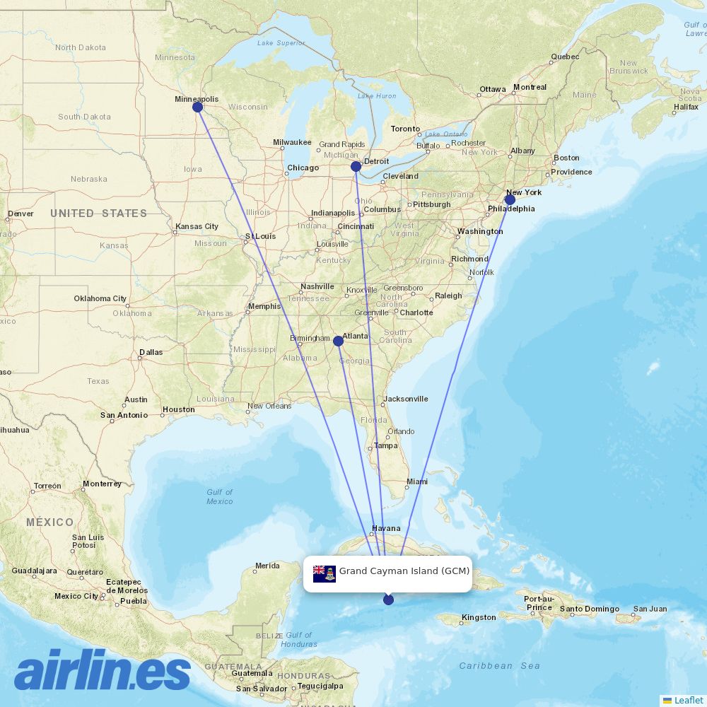 Delta Air Lines from Grand Cayman destination map