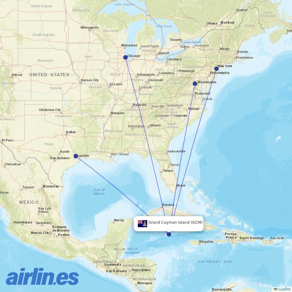 United Airlines from Grand Cayman destination map