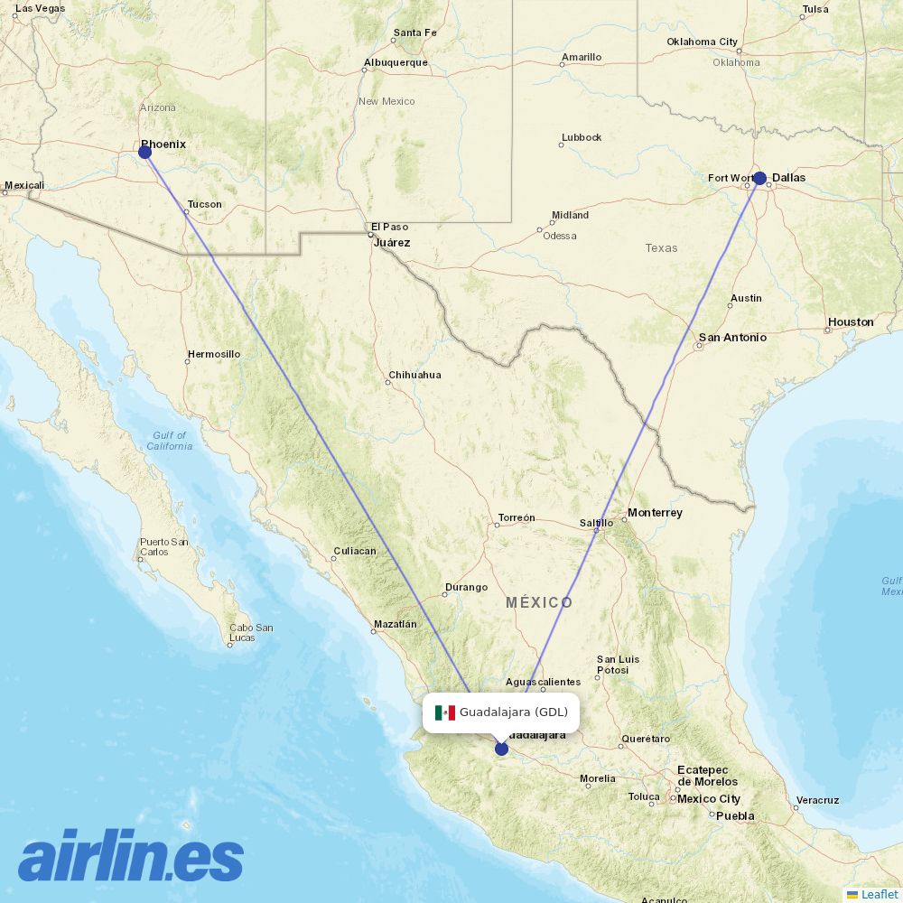 American Airlines from Guadalajara International Airport  destination map