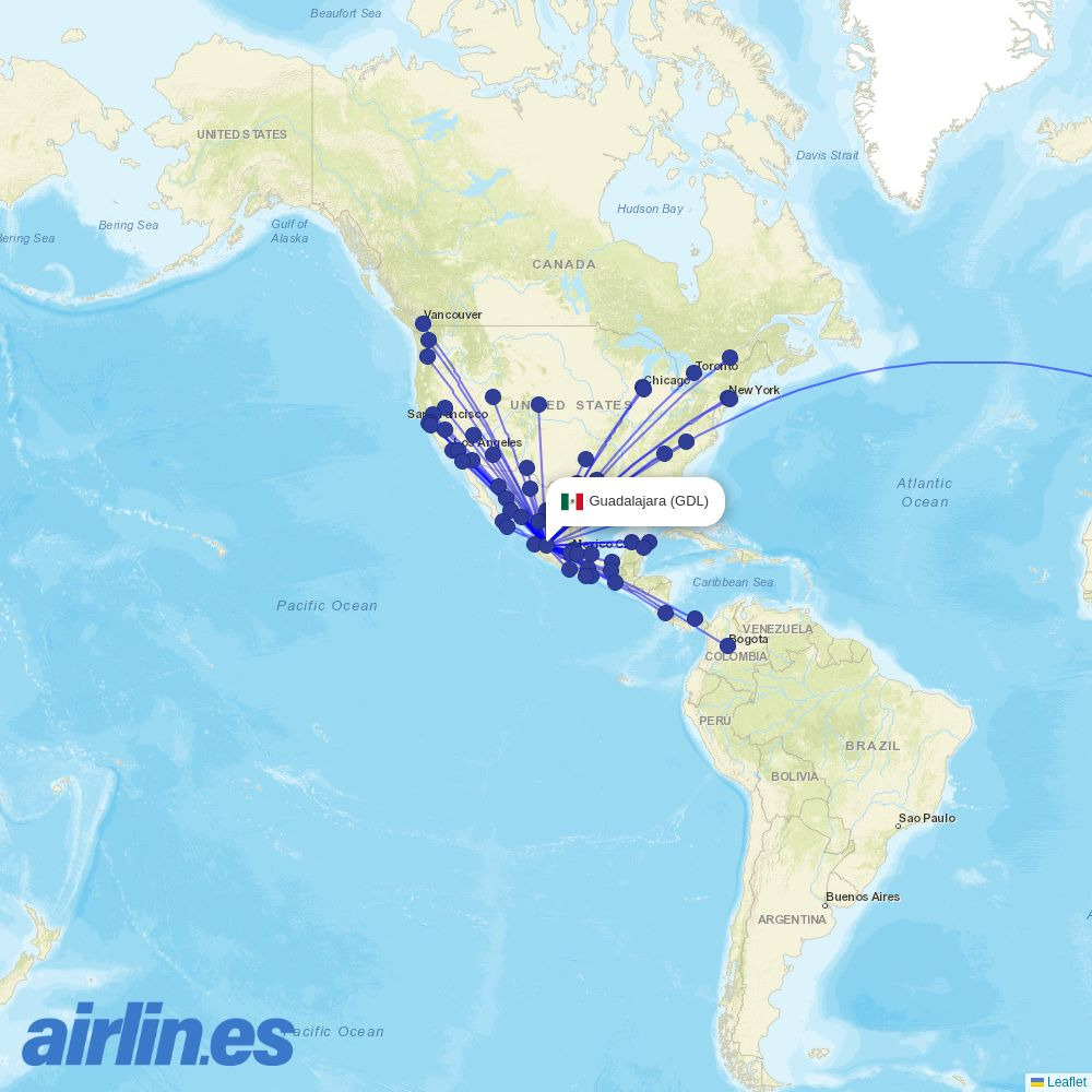 Air Canada from Guadalajara International Airport  destination map