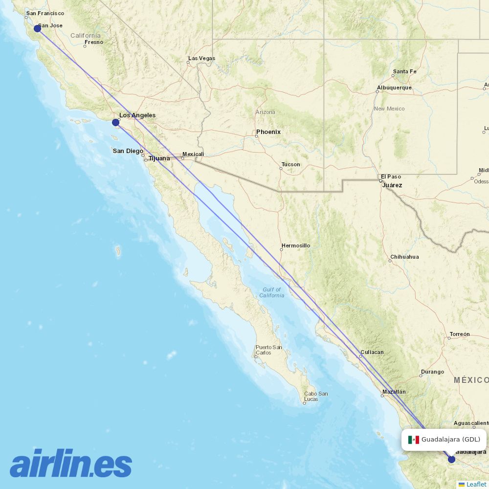 Alaska Airlines from Guadalajara International Airport  destination map