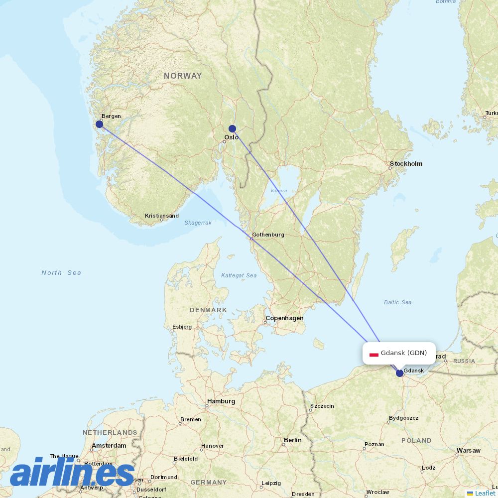 Norwegian Air Shuttle from Gdańsk Lech Wałęsa Airport destination map