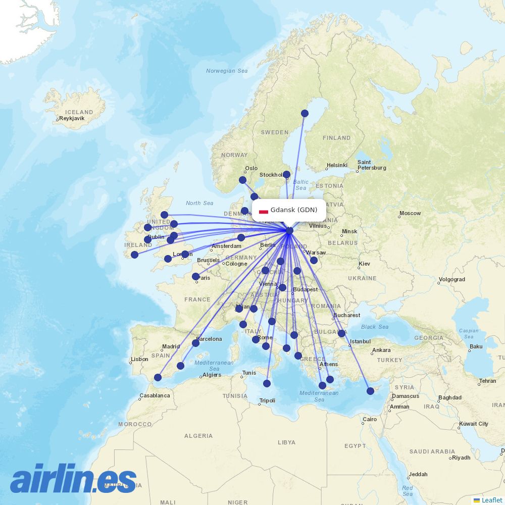 Ryanair from Gdańsk Lech Wałęsa Airport destination map