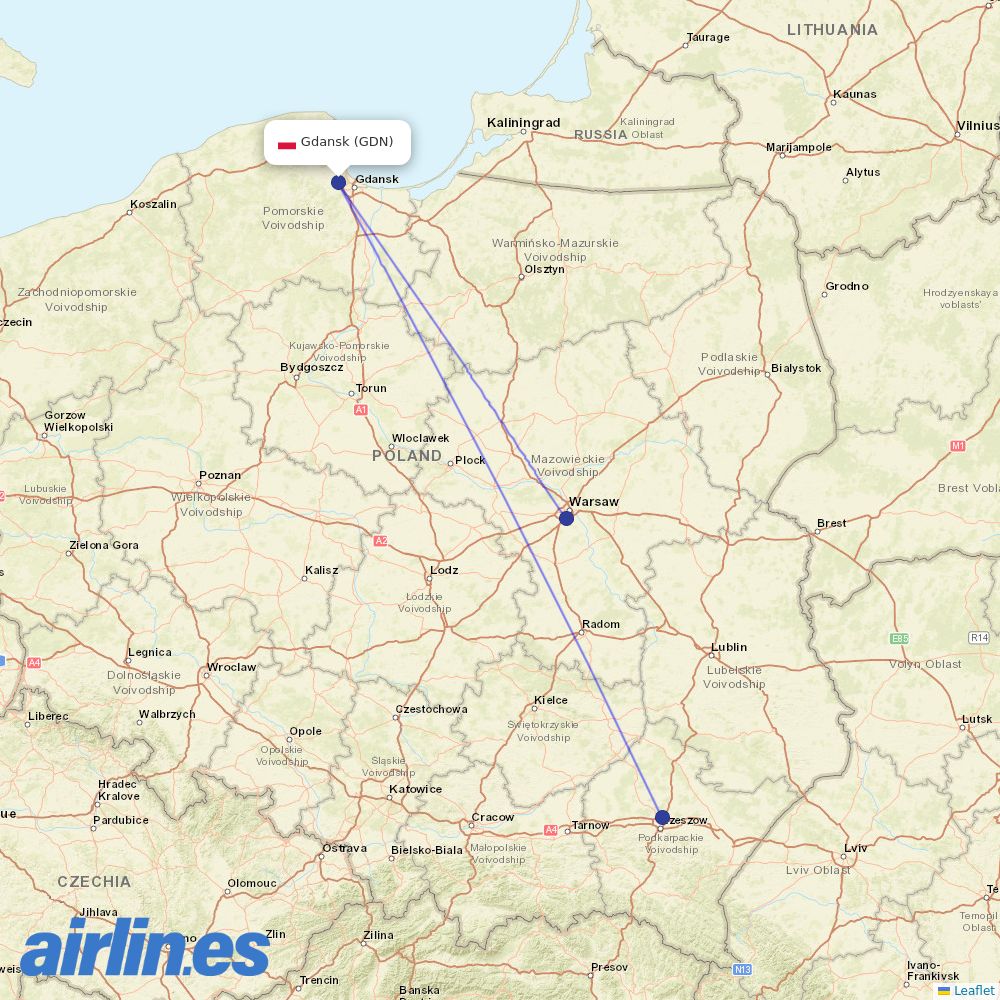 LOT - Polish Airlines from Gdańsk Lech Wałęsa Airport destination map