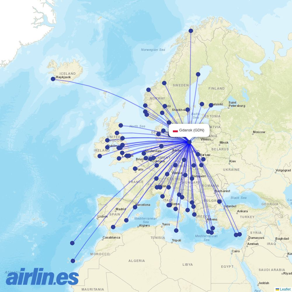 Jet2 from Gdańsk Lech Wałęsa Airport destination map