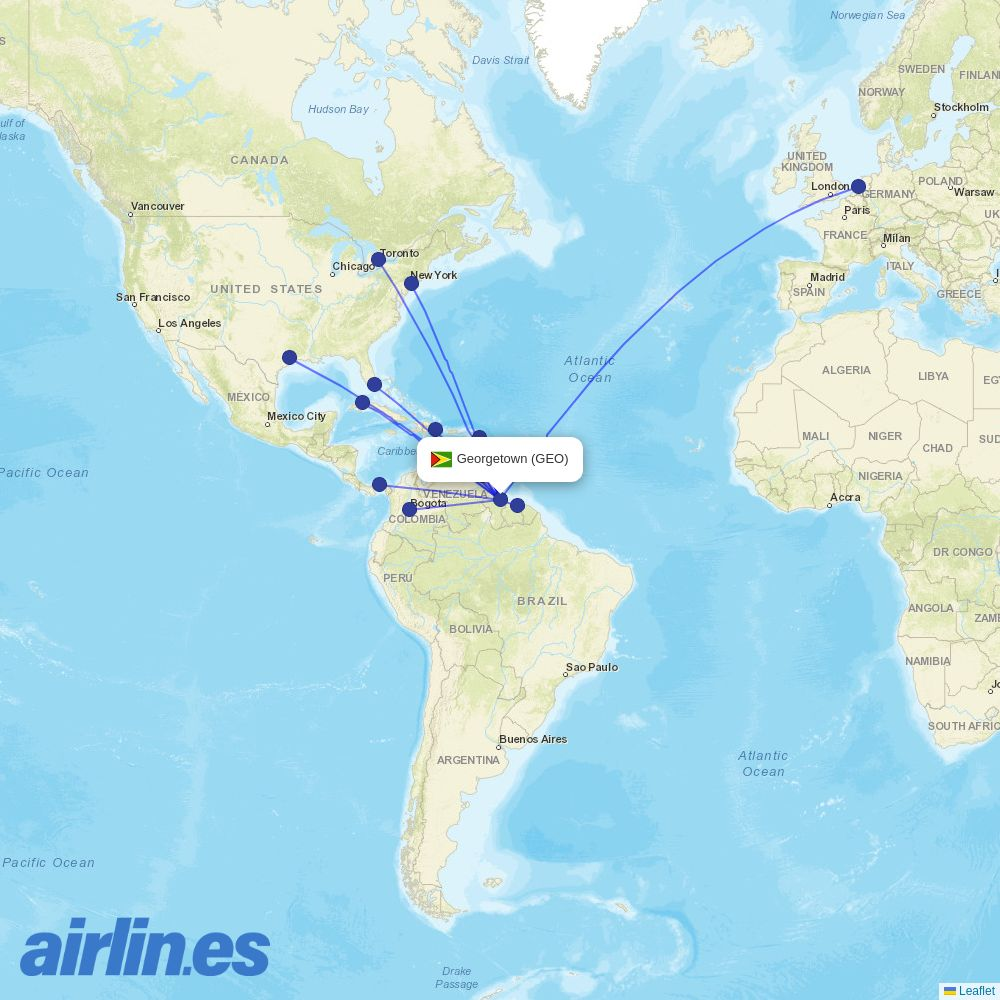 KLM from Cheddi Jagan Intl destination map