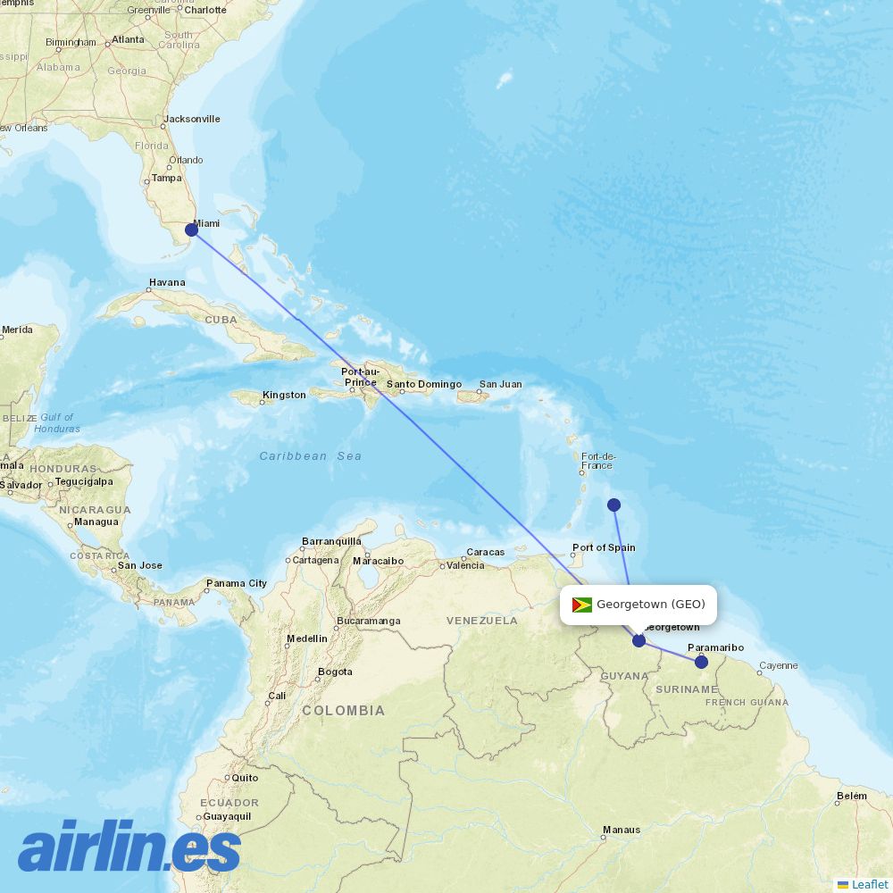 Surinam Airways from Cheddi Jagan Intl destination map