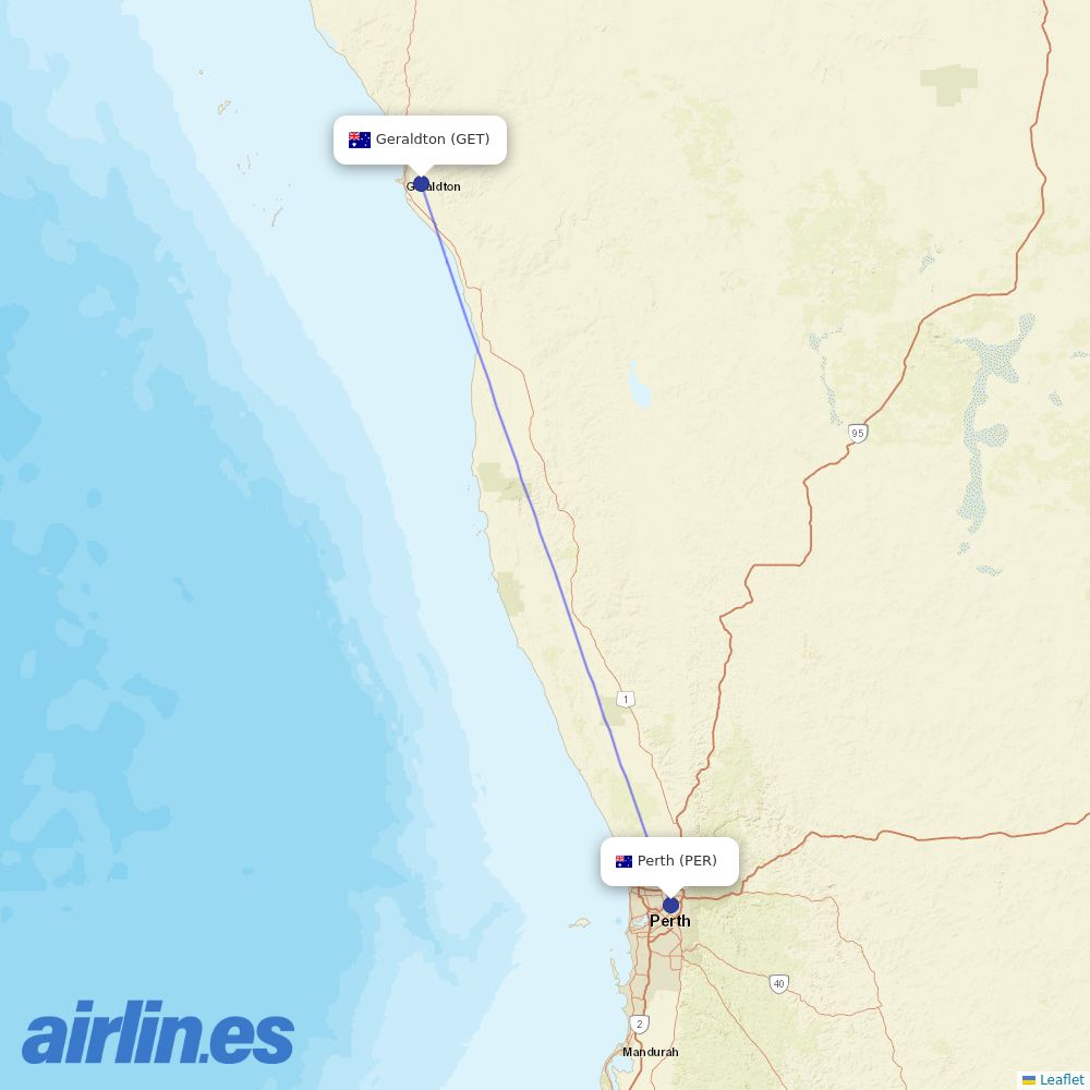 Qantas from Geraldton destination map