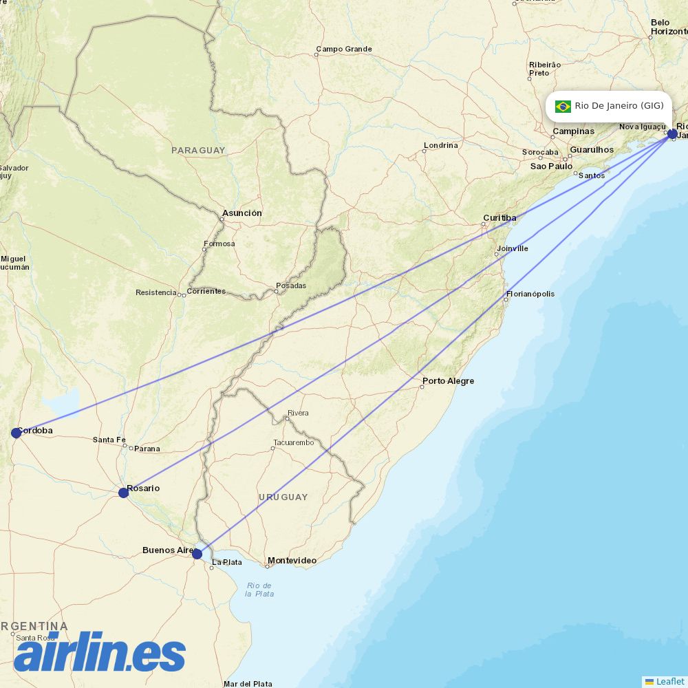 Aerolineas Argentinas from Galeao Antonio Carlos Jobim destination map