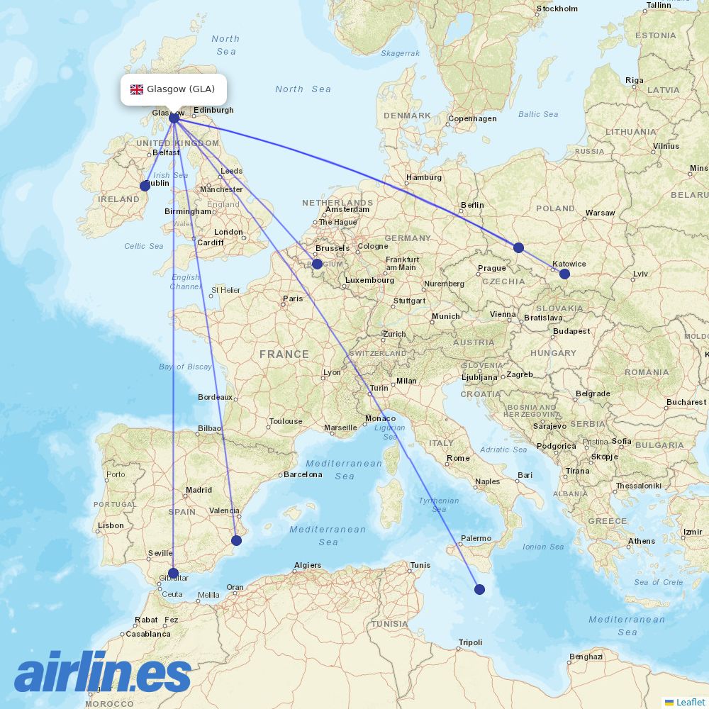 Ryanair from Glasgow International Airport  destination map