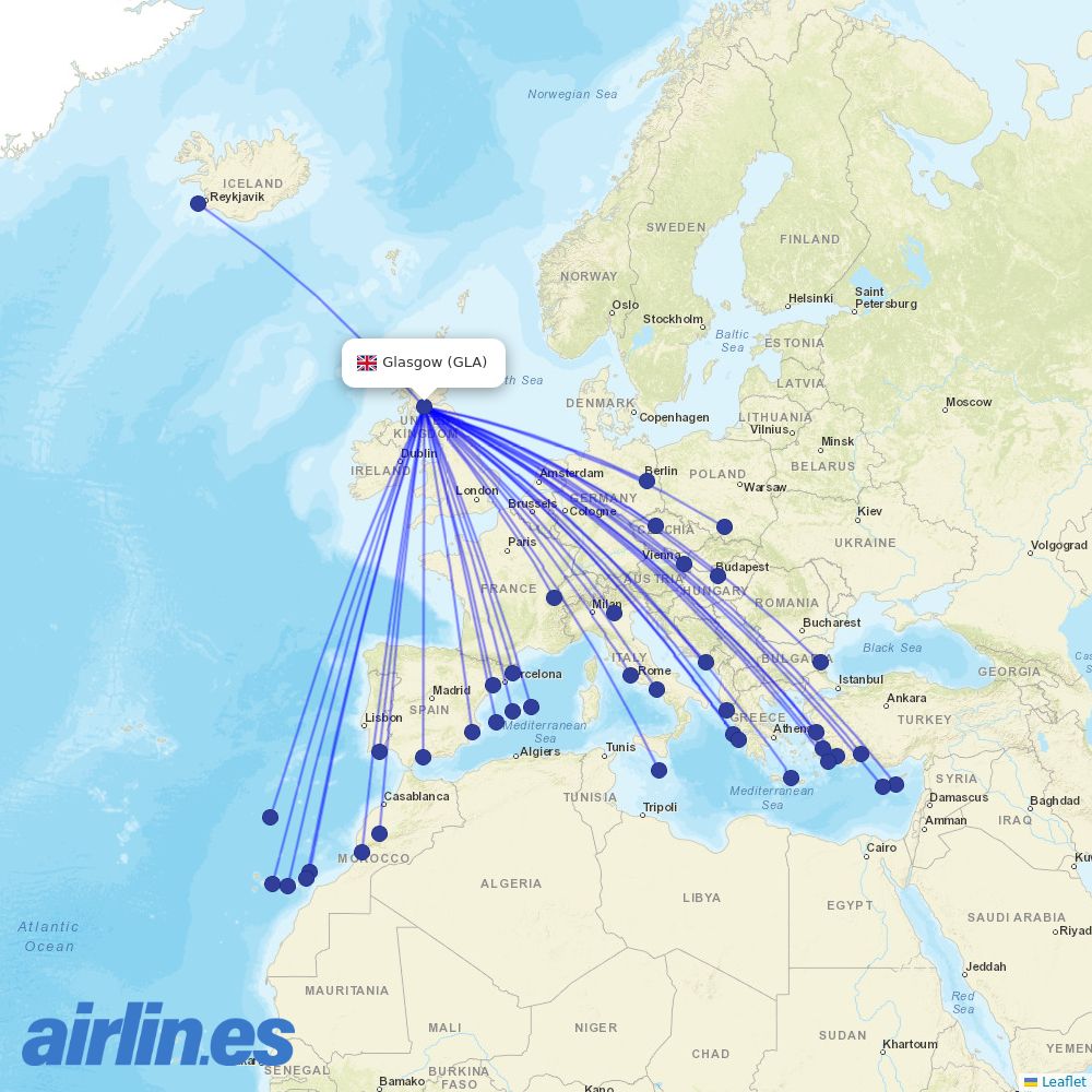 Jet2 from Glasgow International Airport  destination map