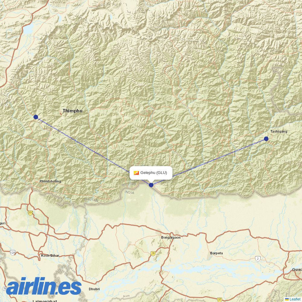 Drukair at GLU route map