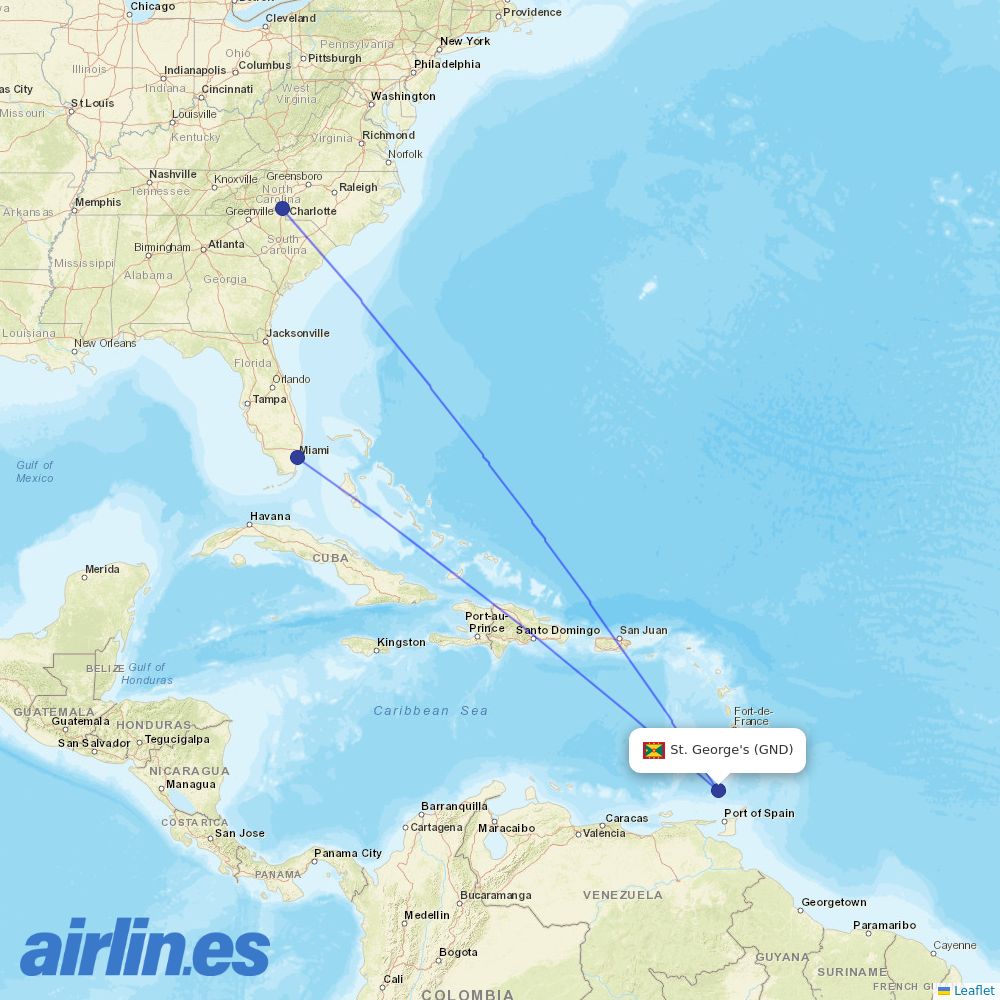 American Airlines from Grenada destination map