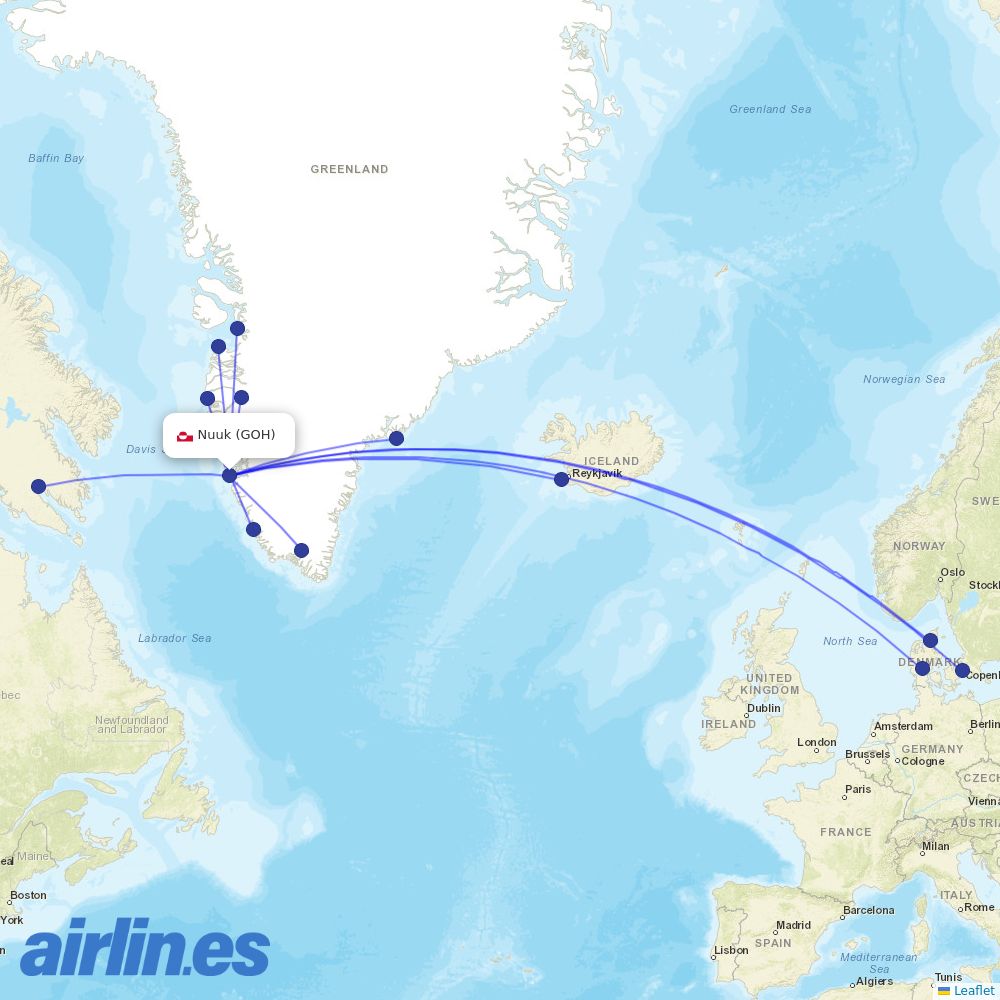 Air Greenland from Nuuk destination map