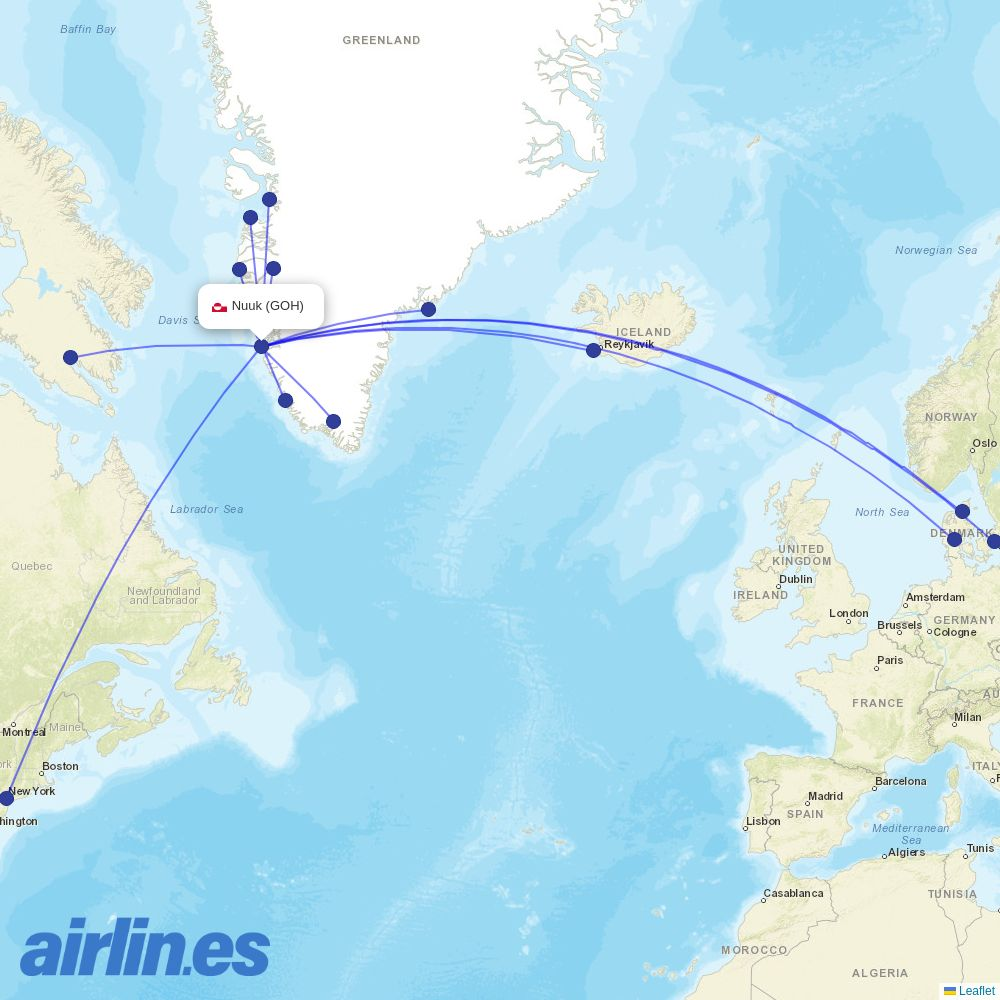 United Airlines from Nuuk destination map