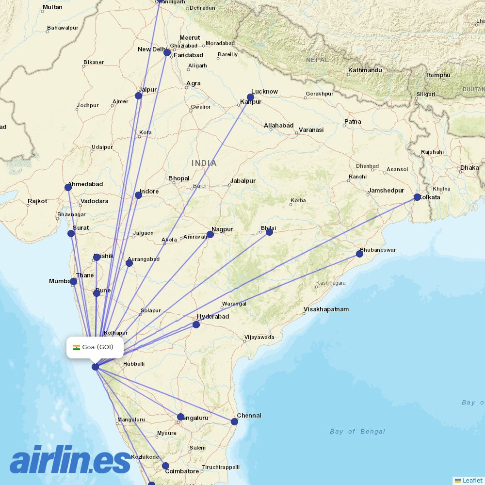 IndiGo from Goa destination map