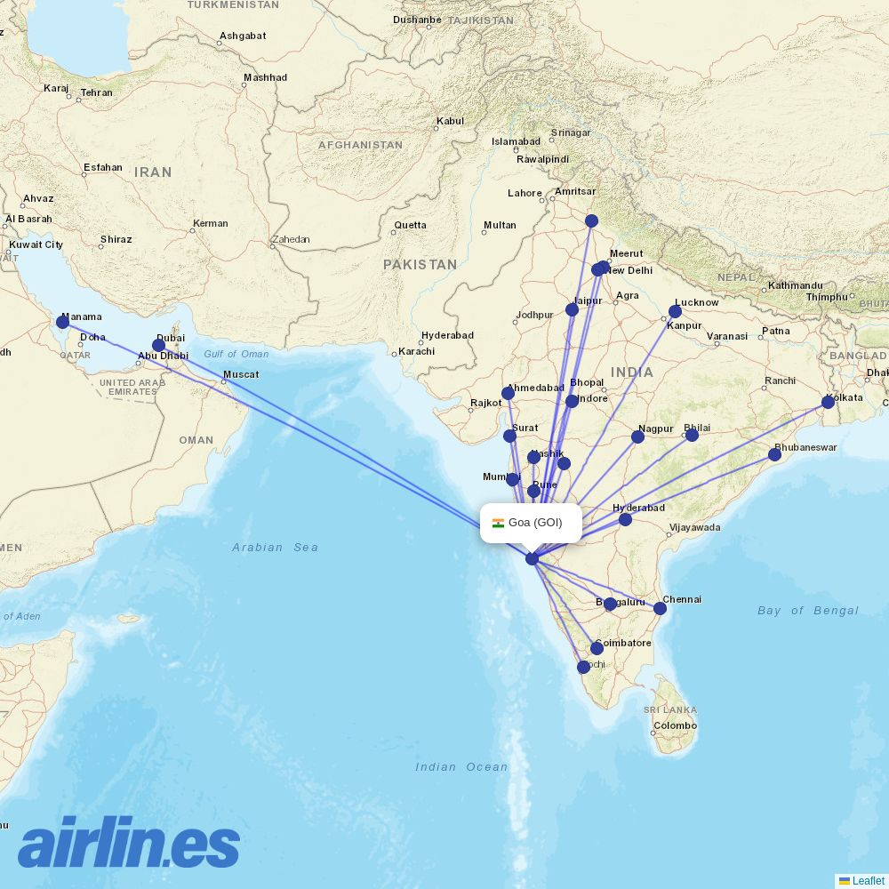 Gulf Air from Goa destination map