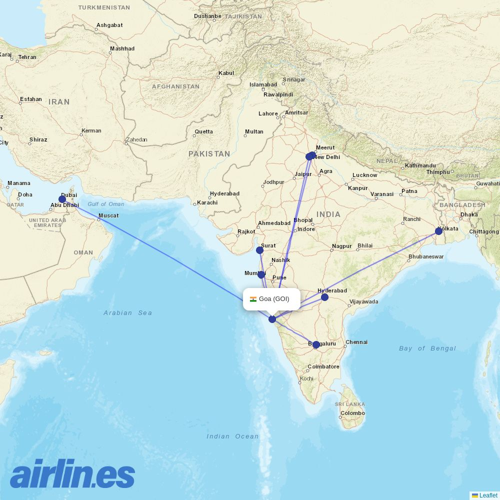 Air India Express from Goa destination map