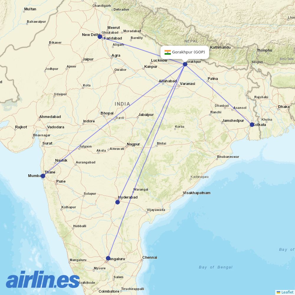 IndiGo from Gorakhpur Airport destination map
