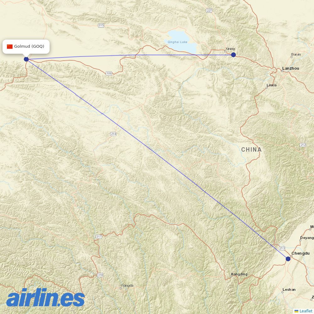 Tibet Airlines from Golmud destination map