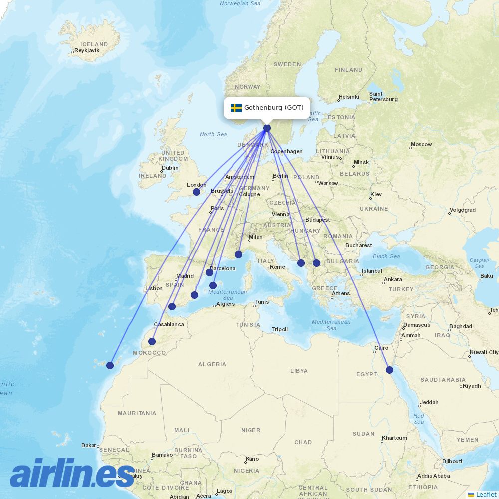 Norwegian Air Sweden from Göteborg Landvetter Airport destination map
