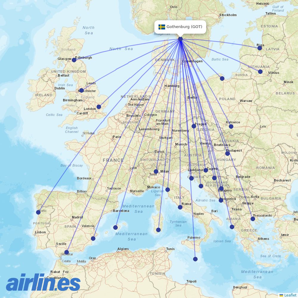 Ryanair from Göteborg Landvetter Airport destination map