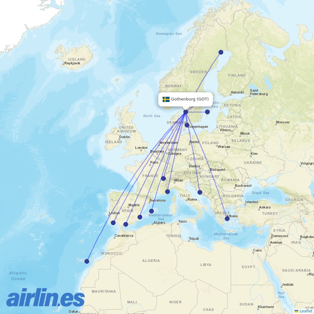 Scandinavian Airlines from Göteborg Landvetter Airport destination map