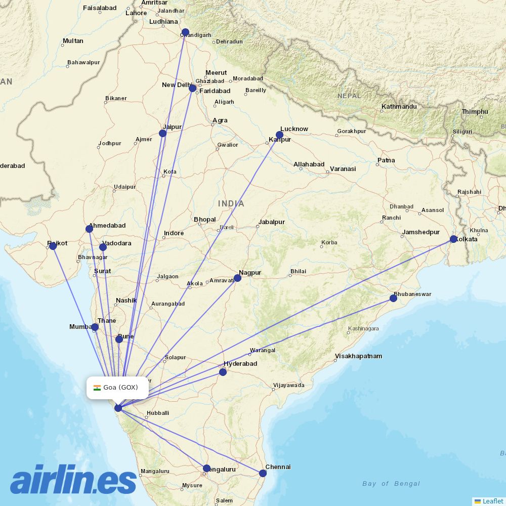 IndiGo from Mopa Airport destination map