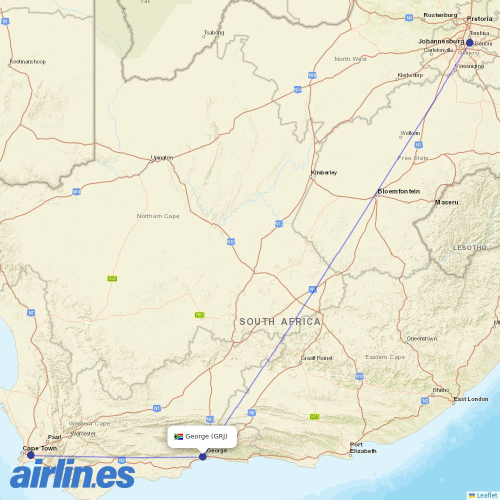Airlink from George Airport destination map