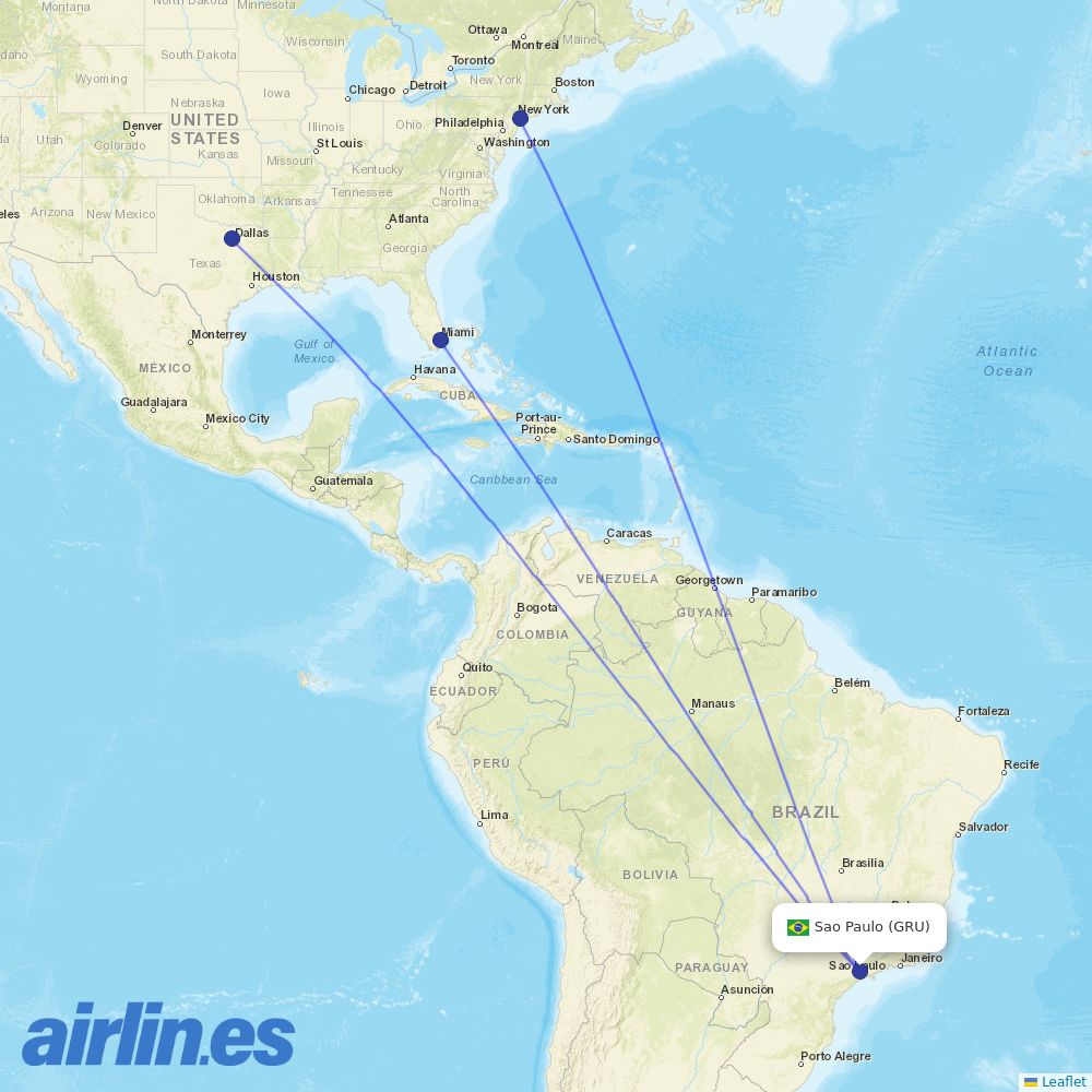 American Airlines from São Paulo/Guarulhos International Airport destination map