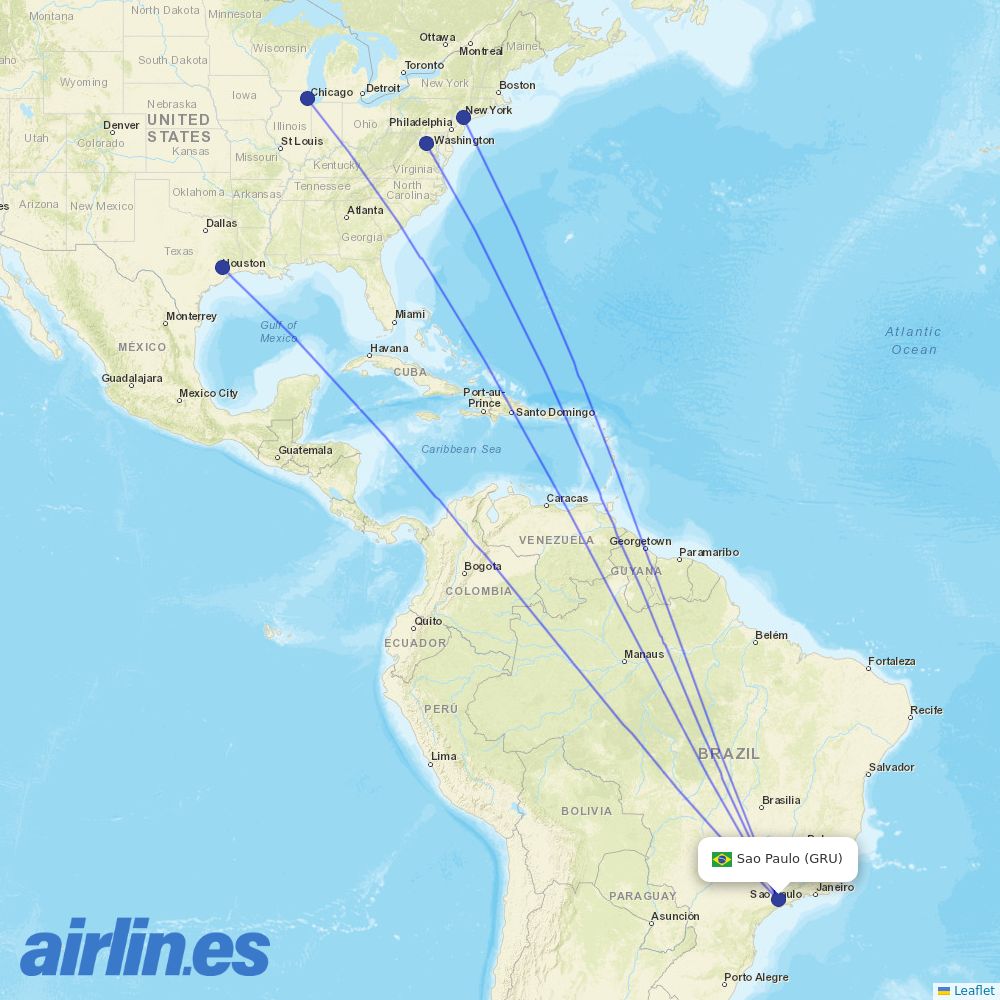 United Airlines from São Paulo/Guarulhos International Airport destination map