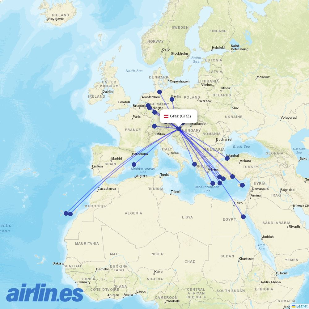 British Airways from Graz Mil/Civ destination map