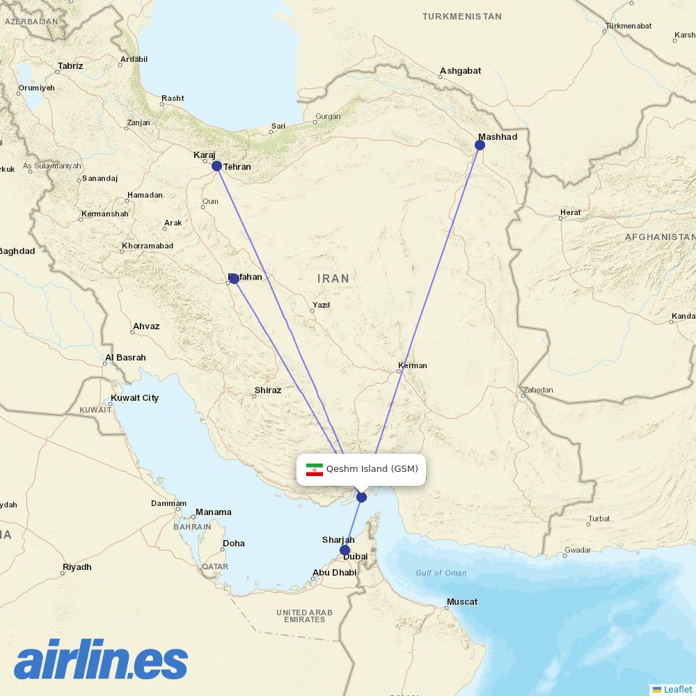 Qeshm Air at GSM route map