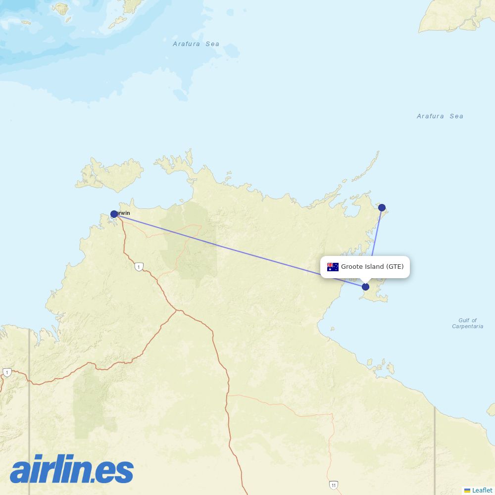 Airnorth from Groofe Eylandt destination map