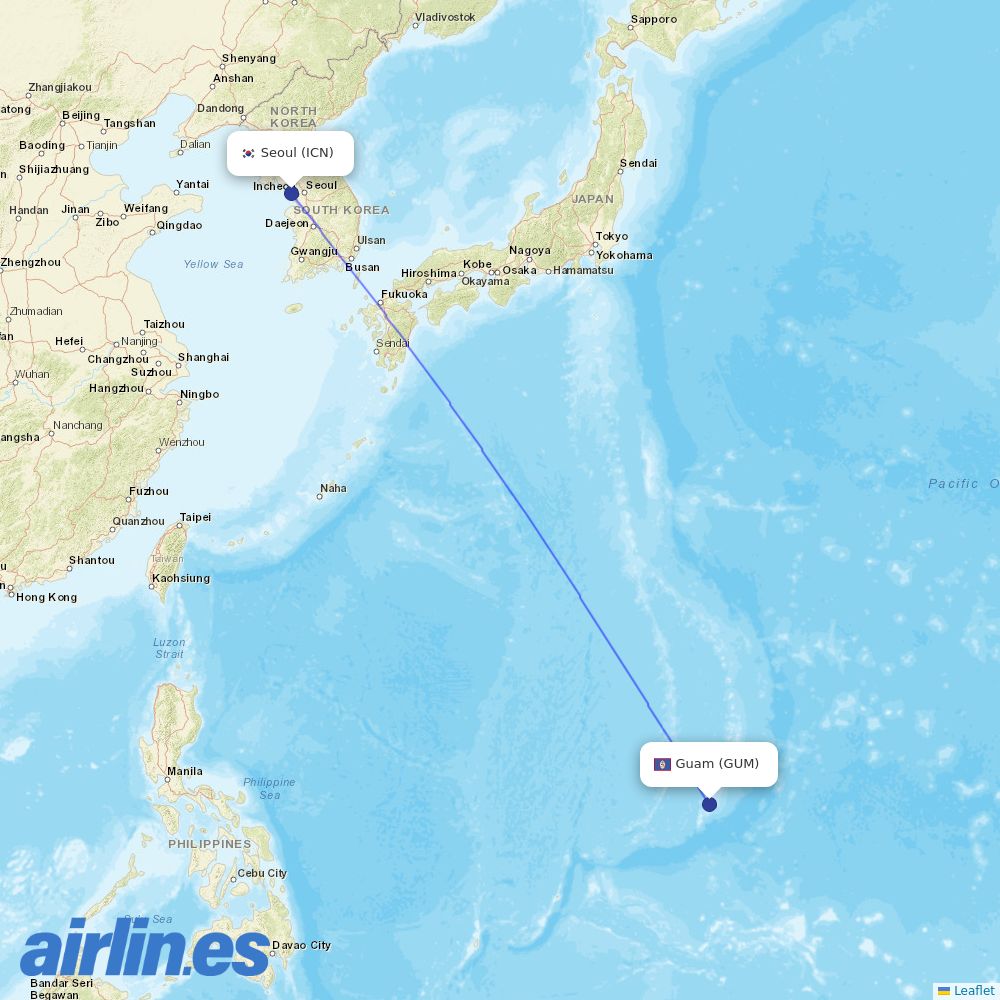 Korean Air from Guam destination map
