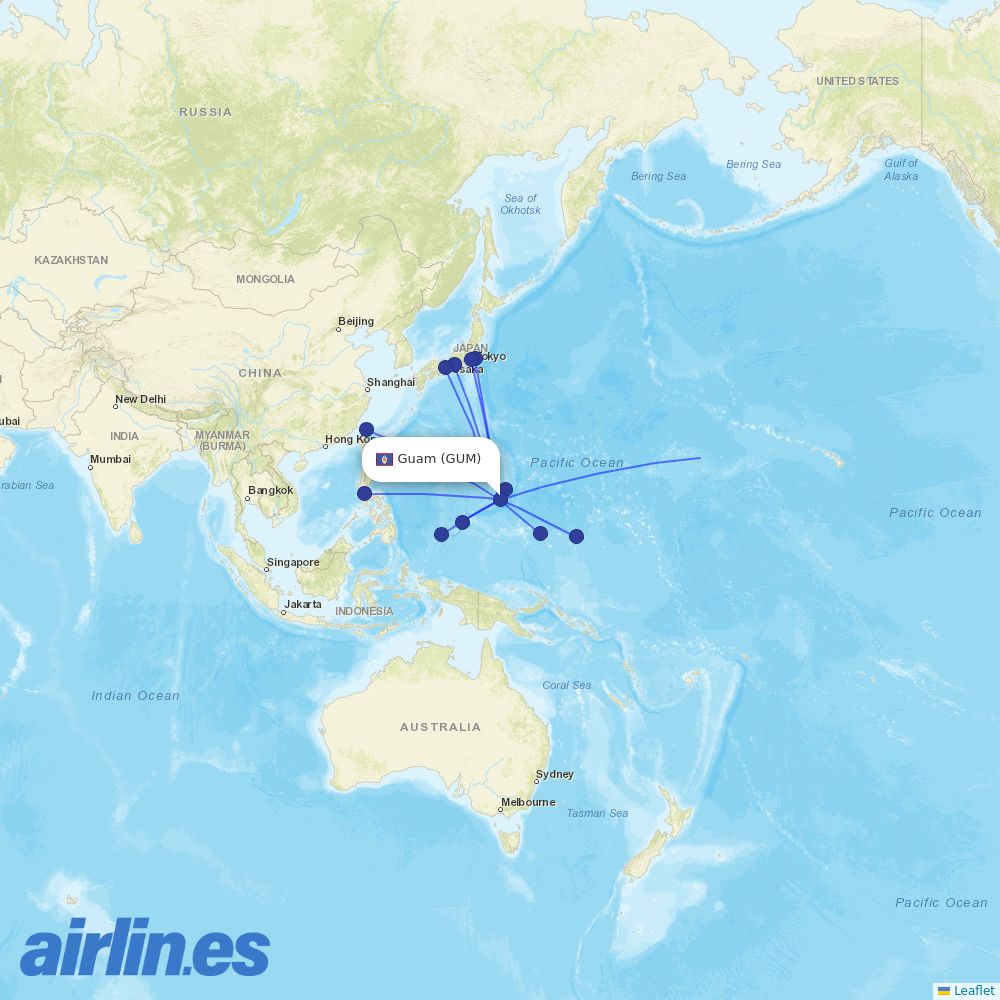 United Airlines from Guam destination map