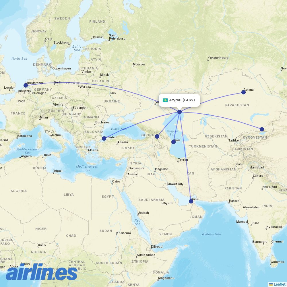 Air Astana at GUW route map